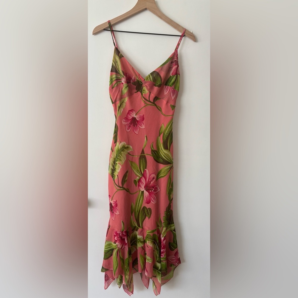 Women Floral Pink and Green Spaghetti Straps Beaded Dress Size Medium